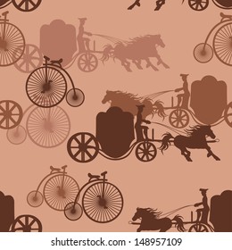 Seamless pattern of vintage horse carriages and bicycles