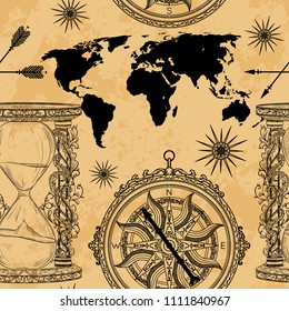 Seamless pattern with vintage hourglass, compass, world map and wind rose. Vector illustration in engraved style on grunge background 