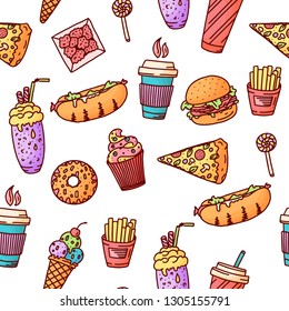 Seamless pattern. Vintage illustration with fast food doodle elements on background for concept design, menu. Vector illustration for any purposes.