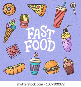 Seamless pattern. Vintage illustration with fast food doodle elements and lettering on background for concept design, menu. Vector illustration for any purposes.