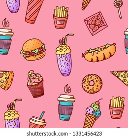 Seamless pattern. Vintage illustration with fast food doodle elements on background for concept design, menu. Vector illustration for any purposes.