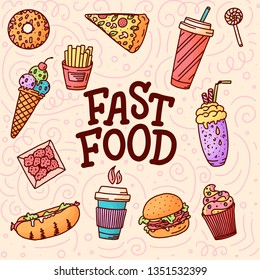 Seamless pattern. Vintage illustration with fast food doodle elements and lettering on background for concept design, menu. Vector illustration for any purposes.