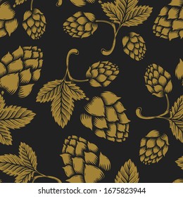 Seamless pattern with vintage illustrations of beer hop. Design element for poster, clothes decoration, card, banner. Vector illustration