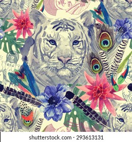 Seamless pattern in vintage Indian style with white tiger head, feathers, exotic flowers and leaves, Ganesha and maharajah sketches. Hand drawn watercolor vector.