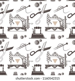 Seamless pattern with vintage irons and sewing machines