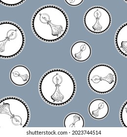 Seamless pattern of vintage kerosene lamps and lanterns in openwork lace circular design on colored background. Kitchen ornate