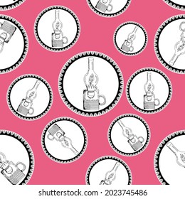 Seamless pattern of vintage kerosene lamps and lanterns in openwork lace circular design on colored background. Kitchen ornate
