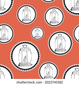 Seamless pattern of vintage kerosene lamps and lanterns in openwork lace circular design on colored background. Kitchen ornate