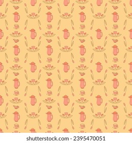 Patrón sin foco con hervidor vintage sobre fondo amarillo. Ilustración vectorial de color plano.