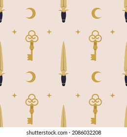 Seamless pattern with vintage key, knife and stars symbols. Ancient golden door opener and dagger in boho style. Hand drawn fairy tale background for textile, wrapping paper, print and design