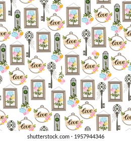 Seamless pattern with vintage keys and decorative picture frames. 
Suitable for textiles, fabric printing, packaging printing, wedding banner, wedding invitations. 