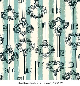 Seamless pattern with vintage keys. Freehand drawing. Can be used on packaging paper, fabric, background for different images, etc.
