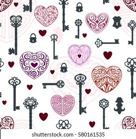 Seamless pattern with vintage keys and hearts in style zentangle. For wallpaper, prints, congratulations and greetings. Vector background on the theme of love. Valentine`s day card.