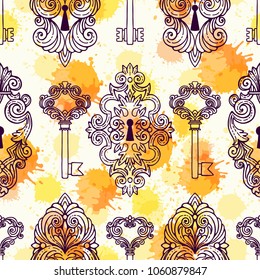 Seamless pattern with vintage keys and locks. Freehand drawing. Can be used on packaging paper, fabric, background for different images, etc.