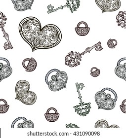 Seamless pattern with vintage keys and locks. Vector hand drawn