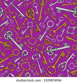SEAMLESS PATTERN WITH VINTAGE KEYS ON PURPLE BACKGROUND IN VECTOR