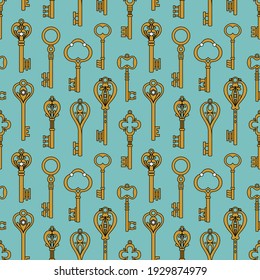 SEAMLESS PATTERN WITH VINTAGE KEYS ON MINT BACKGROUND IN VECTOR
