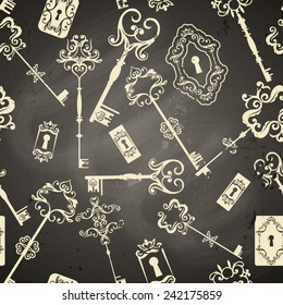 Seamless pattern with vintage keys on chalkboard background