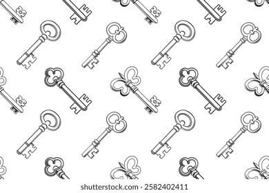 Seamless pattern with vintage keys. Retro background, black and white illustration.
