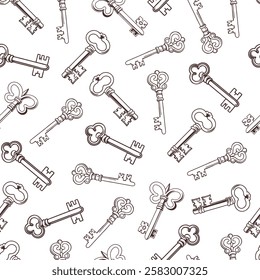 Seamless pattern with vintage keys. Retro background, black and white monochrome illustration.
