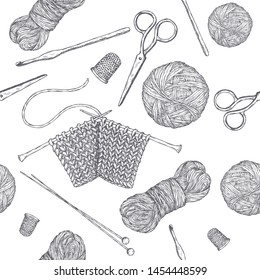 Seamless pattern with vintage knitting tools. Based on hand drawn sketch. Hobby class series. Great for knitting publications, hobby and handicraft sites or blogs.