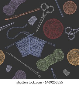 Seamless pattern with vintage knitting tools on black. Based on hand drawn sketch. Hobby class series. Great for knitting publications, hobby and handicraft sites or blogs.