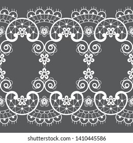 Seamless pattern - vintage lace design style, retro wedding art in white on gray background. 
Embroidery repetitive decoration inspired by French and English lace art, vintage style 
