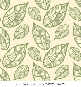 Seamless pattern with vintage leaves for seasonal designs, printing and web use on beige background. Vintage large leaves as element of textiles and clothing design or bedding. Notebook cover.