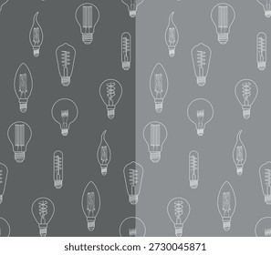 Seamless pattern of vintage light bulbs with varied filaments, drawn in white line art on two contrasting gray backgrounds.
The pattern includes a wide variety of bulb shapes and filament designs. Among them are rounded, teardrop, flame-tip, and tubular bulbs, each containing distinctive filament structures such as straight vertical rods, bundled filaments, crossed elements, loose and tight spiral coils, and elongated helices. This diversity adds visual rhythm and interest while maintaining a cohesive, orderly layout.