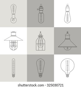 Seamless pattern of vintage light bulbs and lamps. Edison light bulbs.Template for design  catalog, website, background, covers,cards. Vector illustration