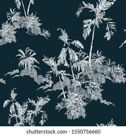 Seamless Pattern Vintage Lithograph Illustration White On Navy Blue Background, Tropical Palm Trees On Islands, Jungle Rainforest In Ocean Etching Hand Drawn Textile Design, Night Tropics