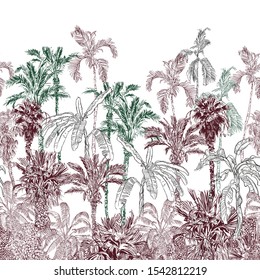 Seamless Pattern Vintage Lithograph Outline Drawing Wildlife in Palm Jungle Rainforest Trees Etching Hand Drawn Wallpaper Design