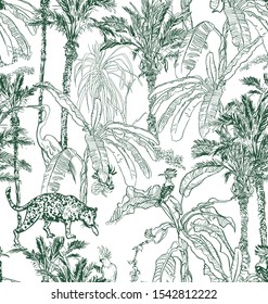 Seamless Pattern Vintage Lithograph Sketch Drawing Wildlife Leopard Animal, Hoopoe, Cockatoo Parrots and Crane Birds in Banana Palm Trees Jungle Rainforest Etching Hand Drawn Textile Design