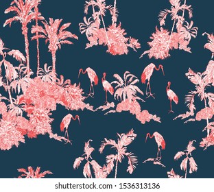 Seamless Pattern Vintage Lithography of Exotic Crane Birds in Jungle Tropical Palms Rainforest Exotic Plants Mountains British Fabric Design Pink Floral Tropics on Navy Blue Background