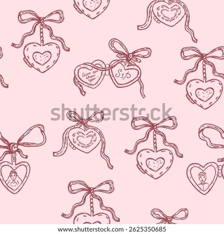 Seamless pattern of vintage locket in heart shape with pink bow in whimsial sketch style