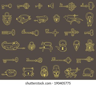 Seamless pattern with vintage locks and keys in vector.  Doodles.  