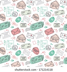 Seamless pattern with vintage mail postal letters and envelopes and stamps. Doodle illustration in vector.