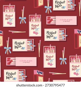 Seamless Pattern with Vintage Matchboxes and Romantic Love Matches, Coquette Aesthetic Background with Cherries and Bows for Valentine's Day, Retro Textile and Wrapping Paper Design
