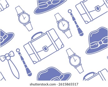 Seamless Pattern of Vintage Men's Accessories in Black and White. Hand Drawn Gentleman Items Illustration  Hat, Bow Tie, Glasses. Retro Father’s Day Icon Set Design for Backgrounds and Prints.