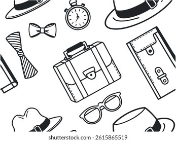 Seamless Pattern of Vintage Men's Accessories in Black and White. Hand Drawn Gentleman Items Illustration  Hat, Bow Tie, Glasses. Retro Father’s Day Icon Set Design for Backgrounds and Prints.