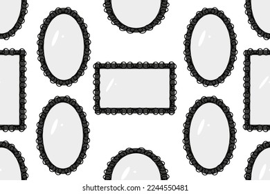 Seamless pattern with vintage mirrors with differen shape on white background. Retro print for wallpaper and bed linen with mirrors