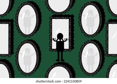 Patrón sin foco con espejos vintage de diferentes formas y una silueta negra de una muchacha con pigtails delante del espejo. Impresión retro para papel de pared y ropa de cama con espejos