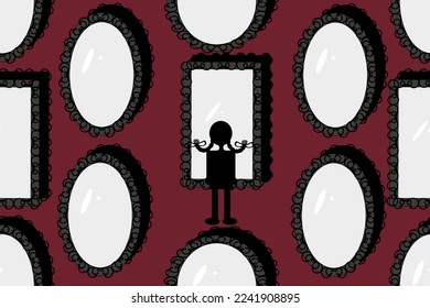 Seamless pattern with vintage mirrors of different shapes and a black silhouette of a girl with pigtails in front of the mirror. Retro print for wallpaper and bed linen with mirrors