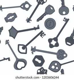 Seamless pattern of vintage and modern door, car keys and keyholes. House security safety tool design elements. Vector illustration isolated on white background.