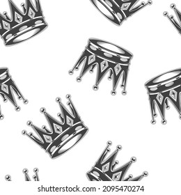 Seamless pattern of vintage monochrome highly detailed crown illustration. Vector illustration template