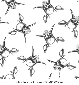 Seamless pattern of vintage monochrome skull and crossed sabers. Vector illustration