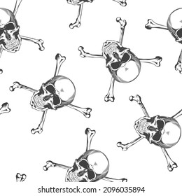 Seamless pattern of vintage monochrome skull with crossbones isolated vector illustration