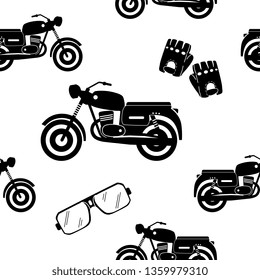 Seamless pattern of vintage motorcycle, glasses and leather gloves silhouette on white background