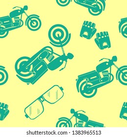 Seamless pattern of vintage motorcycle, glasses and leather gloves silhouette on yellow background