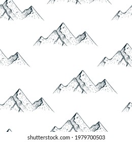 Patrón sin foco con montañas vintage. Fondo de Wanderlust para textiles. Vector aislado de textura de paisaje.